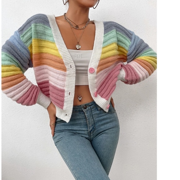 Rainbow Colors Fun Knit Cardigan Sweater Button Front V-Neck - Picture 2 of 10